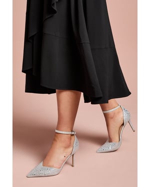 Wide Fit Tanisha Diamante Ankle Strap High Stiletto Court Shoes