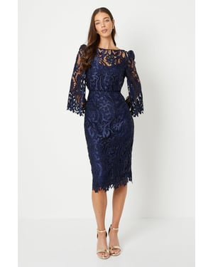 Satin Lace Boat Neck Midi Dress With Fluted Sleeve