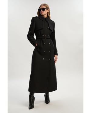 Wool Pu Mix Tailored Belted Trench Maxi Coat