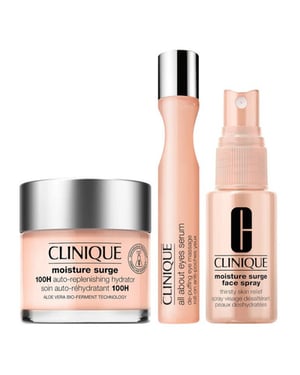 CLINIQUE MOISTURE SURGE SET: SERUM VOOR ONTZWELLING VAN DE OGEN 15ML + CRÈME 100U AUTO-OPVULLENDE HYDRATERENDE CRÈME 75ML + MOISTURE SURGE GEZICHTSSPRAY 30ML