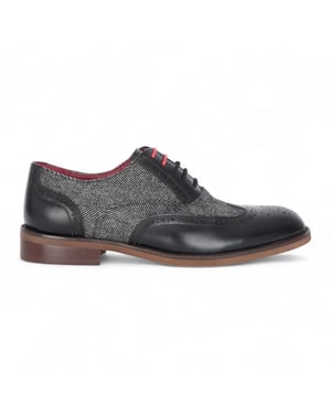 Justin Reess Men's Black Leather Tweed Brogue Shoes - Albert