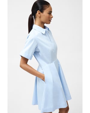 Blue Cotton Poplin Stretch Mini A-Line Relaxed Fit Shirt Dress