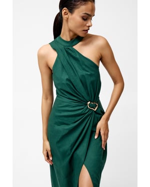 Green Linen Blend Draped Halter Midi Dress