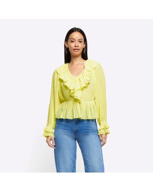 River Island Womens Blouse Yellow Plisse Frill
