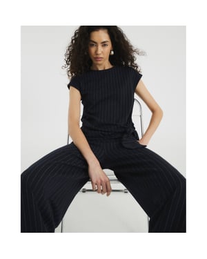 River Island Womens Navy Short Sleeve Pinstripe Tie Detail Top