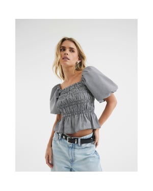 River Island Womens Petite Black Puff Sleeve Gingham Shirred Top