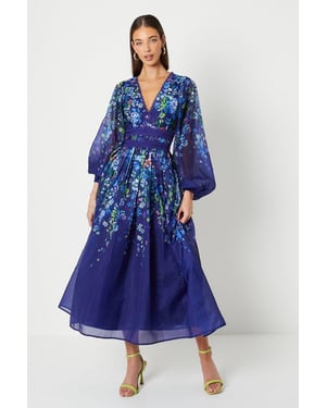 Organza Floral Placement Lace Trim Midaxi Dress