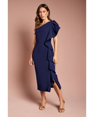 One Shoulder Ruffle Crepe Pencil Midi Dress
