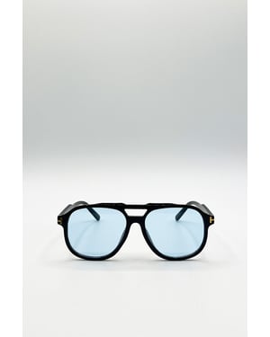Oversized Navigator Sunglasses in Black with Blue Lenses