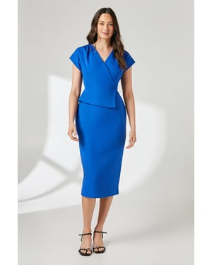 Blue Peplum Detail Crepe Pencil Dress