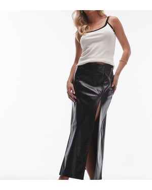 Topshop Petite vinyl double split midi skirt in black
