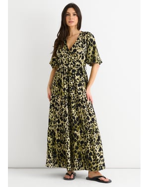 Green Animal Print Wrap Skater Maxi Dress