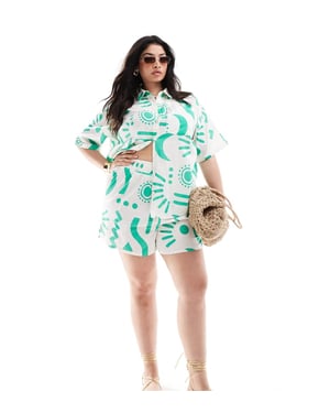 Yours shirred linen look shorts in green print co-ord