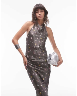 Topshop co-ord satin halter top in vintage blurred floral in washed black