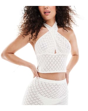 In The Style exclusive crochet knit halterneck cut out beach top co-ord in cream