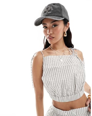 ASOS DESIGN crop top with tie detail in grey stripe co-ord