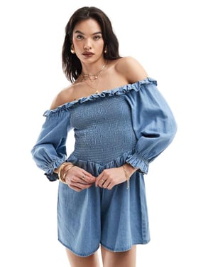 ASOS DESIGN soft denim off shoulder playsuit with frill detail in mid blue