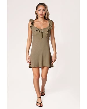 Linen Effect Short Ruffle Neck Dress