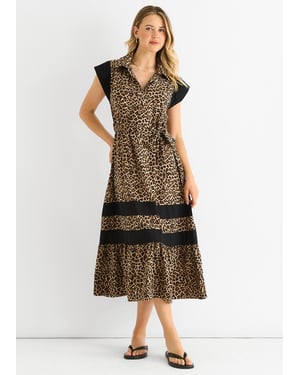 Brown Animal Contrast Panel Smock Midi Dress