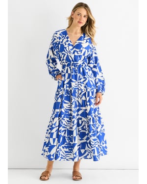 Blue Abstract Wrap Elasticated Waist Midaxi Dress