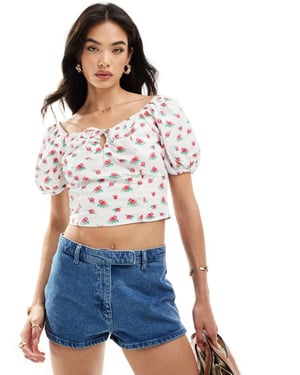 Vero Moda sweetheart tie front blouse with puff sleeve in floral print