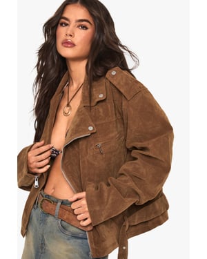 Vintage Suede Look Oversized Biker Jacket