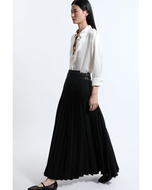 Tailored Crepe Pleated Buckle Detailed Maxi Skirt