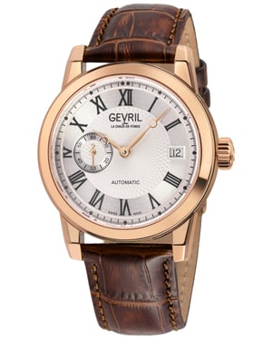 Gevril Men's Madison 316L Stainless Steel IPRG  Case, Silver/Black Dial, Brown Handmade Leather Strap