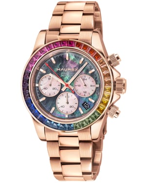 Haurex Italy:Arcobaleno SS/IPRG Case, Multi colored Bezel, Black Dial, SS/IPRG Bracelet Watch