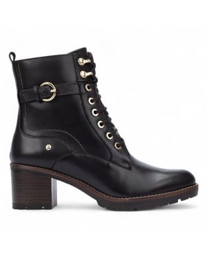 Pikolinos Women’s Black Leather Mid-Heel Combat Ankle Boots - Llanes