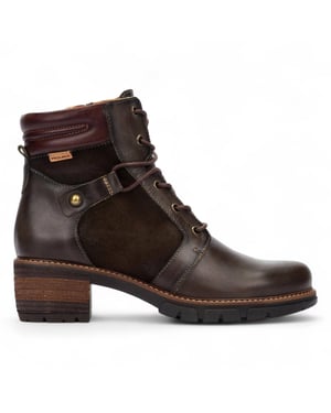 Pikolinos Dames Forest Brown Leren Enkellaarsjes met Rits en Veterhak - San Sebastián