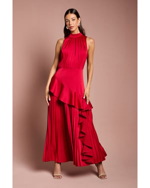 Sleeveless Ruffle Pleat Satin Back Crepe Dress