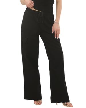 Womens Easticated Wasit Wide Leg Cargo Pocket Jeans in Black