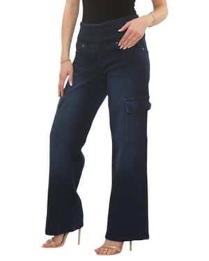MYT Womens Tummy Control Wide Leg Cargo Jeans in Dark Stonewash