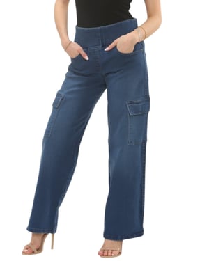 MYT Womens Tummy Control Wide Leg Cargo Jeans in Mid Blue