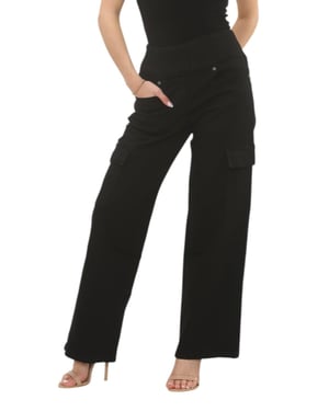 MYT Womens Tummy Control Wide Leg Cargo Jeans in Black