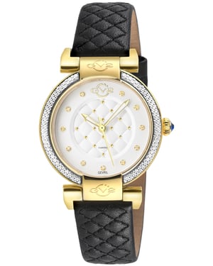 GV2 Berletta Women's 316L Stainless Steel IPYG Case, White Dial, Black Handmade Quilted Leather Strap.