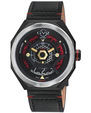 Stella Solar Power Black/Red/GP Dial, Black/Red  Handmade Italian Leather Watch