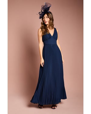 Pleated Plunge Neck Midi Dress