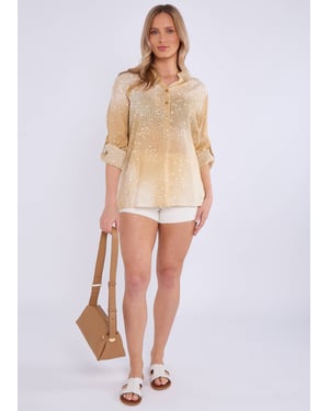 Beige Denim Look Roll Up Sleeves Oversized Top