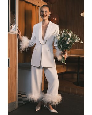 Feather Trim Single Breasted Tux Style Wedding Blazer