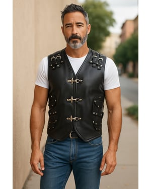 Heren zwart biker leren vest met metalen gespen - Pinetown