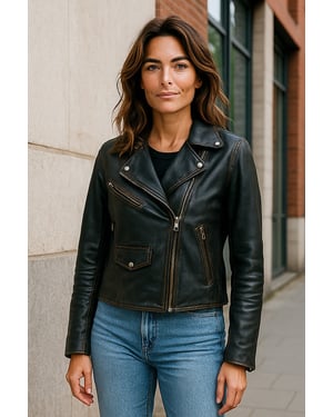 Vintage zwarte klassieke Brando biker leren jas voor dames - Secunda