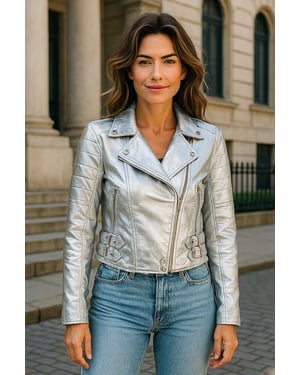 Womens Silver Cropped Brando Leather Biker Jacket-Durban