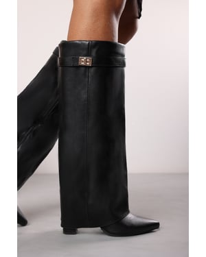 'Nova' Fold Over Shark Block Heel Point Toe Boots in Black Faux Leather