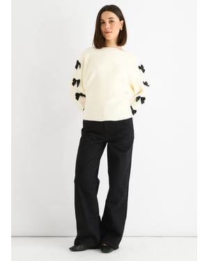 Cream Slash Neck Crop Bow Knit Jumper