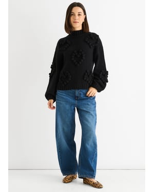 Svart Heart Bubble Chunky Stickad Jumper med hög hals