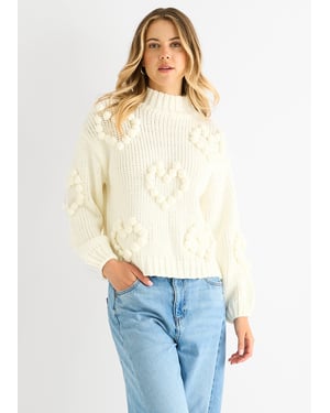 Cream Heart Bubble Chunky Knit High Neck Jumper