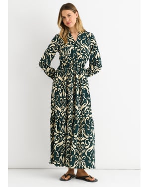 Green Ikat Print Tie Waist Maxi Dress