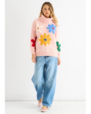 Rosa överdimensionerad tröja med blommiga applikationer